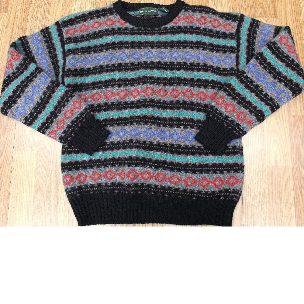 VTG 100% SHETLAND WOOL KNIT CREWNECK SKI SWEATER MARC LEWIS Sz SMALL, S